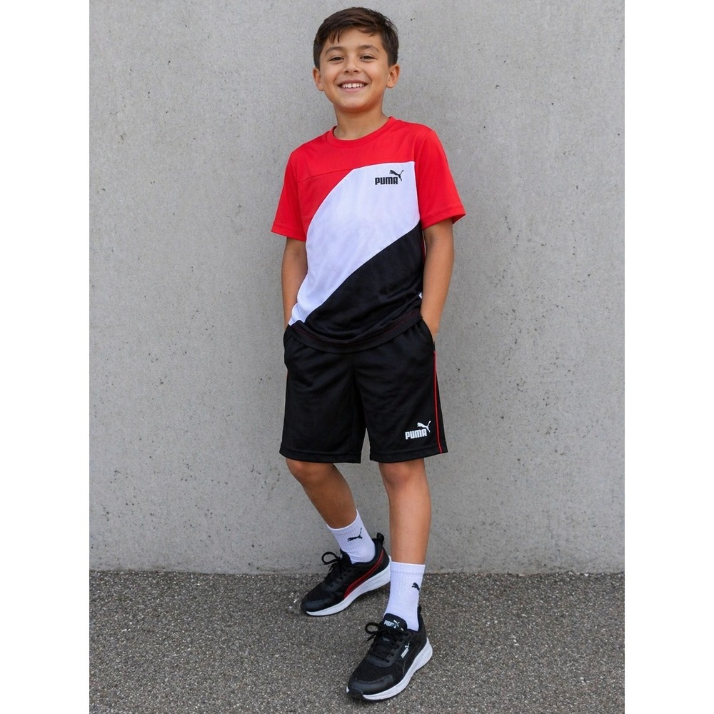 Puma 2 Piece Set Shirt Shorts boys Medium Red White Black Colorblock Athletic